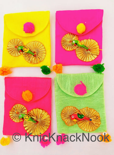 Yellow Gift Envelope Pouch Embellished PomPoms Gold Ribbon Wood Parrot Designer Unique Gift Money Envelope Wedding Gift